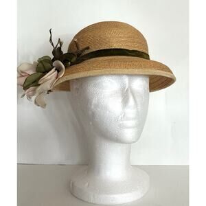 Vintage Wmns Demozel NY Italian Made 1940’s Cloche Straw Hat W/Velvet & Flowers